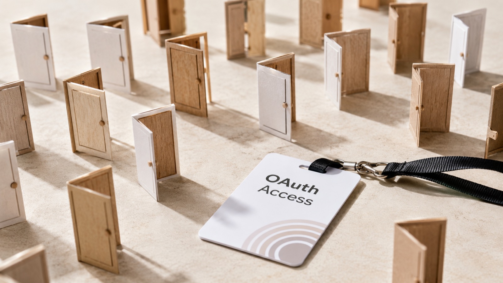 An OAuth Access badge on a lanyard lying among dozens of miniature doors, some open, some closed