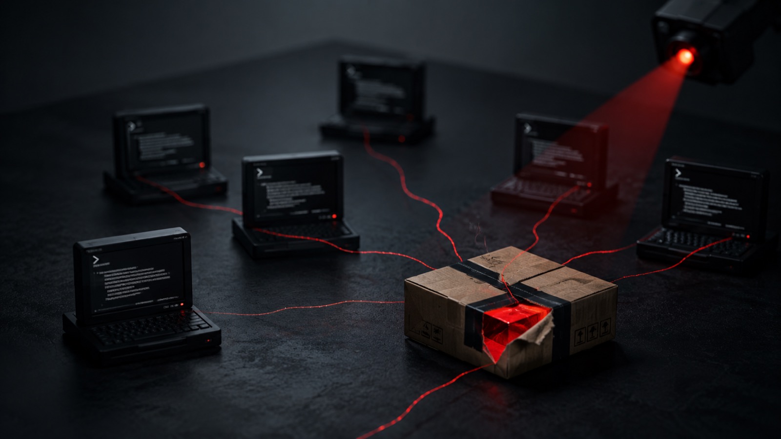 A tampered shipping package wired by red threads to a room of laptop terminals, watched by a red surveillance camera
